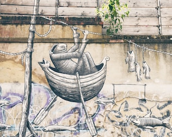 Fishing Street Art Print, London Graffiti Print, Nautical Decor, gift for fisherman