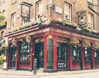 London Pub, London Photography, London Print, Black and white, Fine Art Print, English Pub, Tavern, Office Decor, Red, Gold, Wall Art