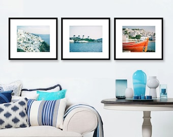 SALE, Greece Photography, Set of 3 Prints, Greek Islands, Mediterranean Decor, Aqua turquoise cobalt blue wall art, Travel Photo, Print Set