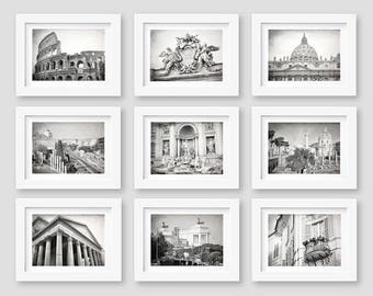 Rome Black and White Photography, Rome Gallery Wall Art Print Set, Colosseum, Trevi Fountain, Travel Decor, Italy, Set of 9 Prints