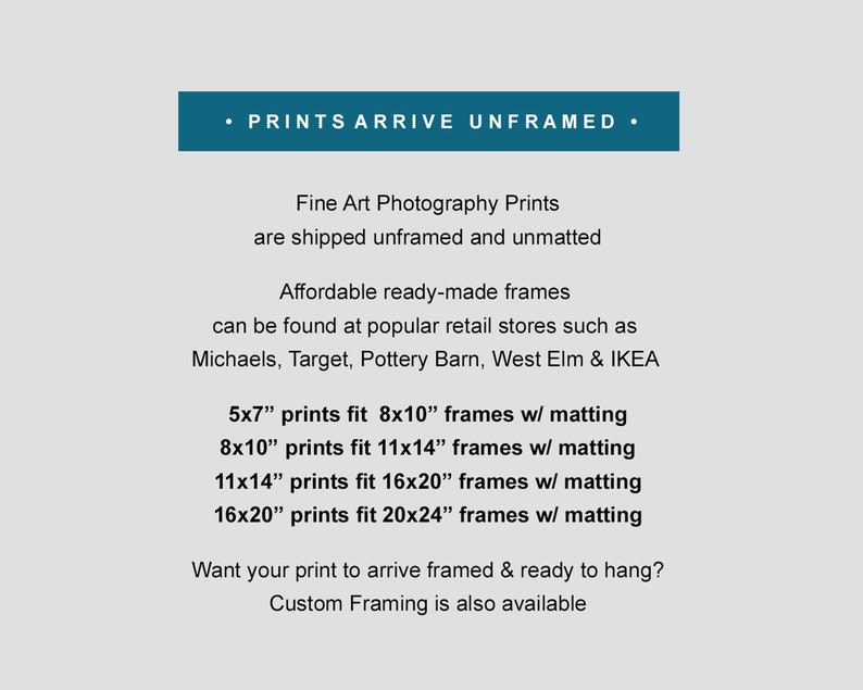 May include: Text on a white background that reads: "&bull; PRINTS ARRIVE UNFRAMED &bull; Fine Art Photography Prints are shipped unframed and unmatted Affordable ready-made frames can be found at popular retail stores such as Michaels, Target, Pottery Barn, West Elm & IKEA 5x7" prints fit 8x10" frames w/ matting 8x10" prints fit 11x14" frames w/ matting 11x14" prints fit 16x20" frames w/ matting 16x20" prints fit 20x24" frames w/ matting Want your print to arrive framed & ready to hang? Custom Framing is also available"