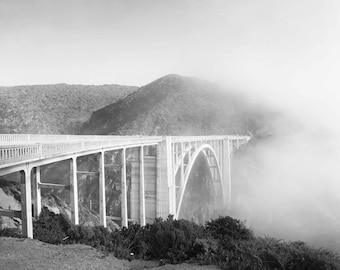 Bixby Bridge, Big Sur, California Coast, Black and White Photography, Fog, Ocean, Landscape, Home Decor, Wall Art