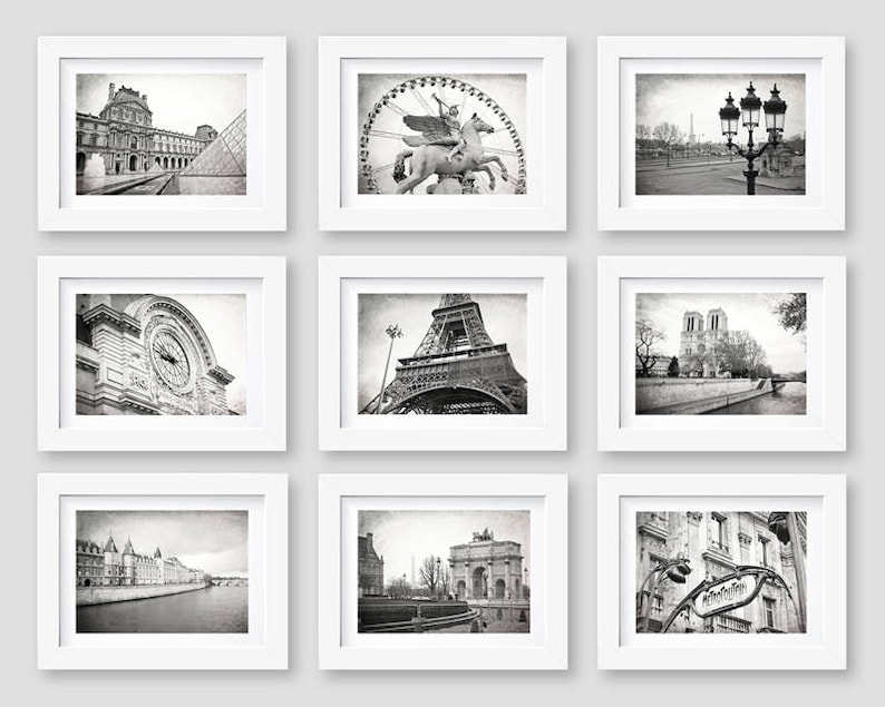 Paris Wall Art, Paris Print Set, Black and White Photography, Gallery Wall, Paris Decor, Eiffel Tower, Travel Decor, Set of 9 Prints image 1