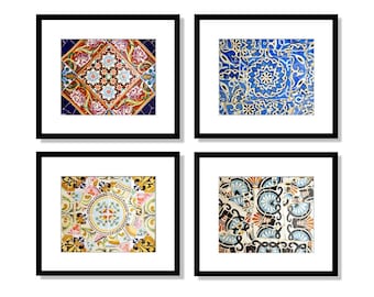 Spanish Tiles Print Set, Bathroom Decor Wall Art, Barcelona, Spain, Set of 4 prints