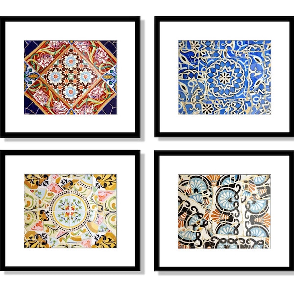 Spanish Tiles Print Set, Bathroom Decor Wall Art, Barcelona, Spain, Set of 4 prints