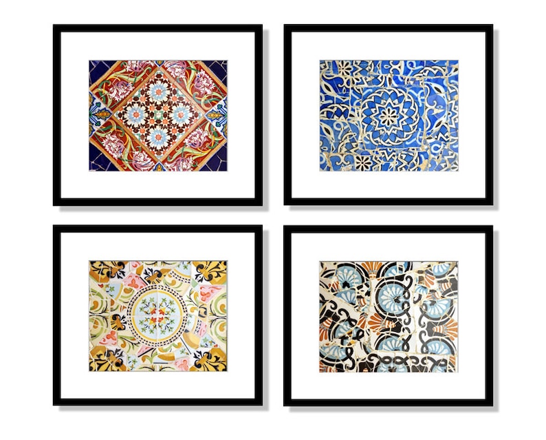 Spanish Tiles Print Set, Bathroom Decor Wall Art, Barcelona, Spain, Set of 4 prints image 1