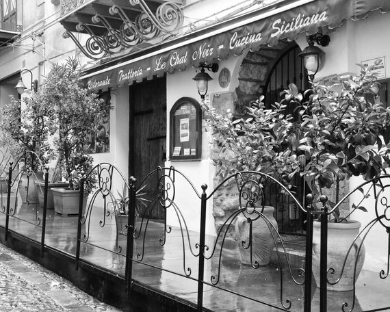 Sicily Italian Restaurant Print, Italy Photography, black and white wall art, Italian Kitchen Decor, Europe Travel Art, Le Chat Noir