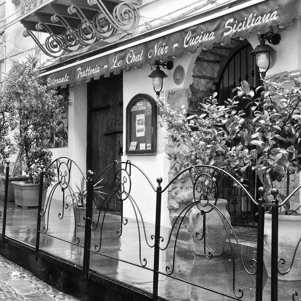 Sicily Italian Restaurant Print, Italy Photography, black and white wall art, Italian Kitchen Decor, Europe Travel Art, Le Chat Noir