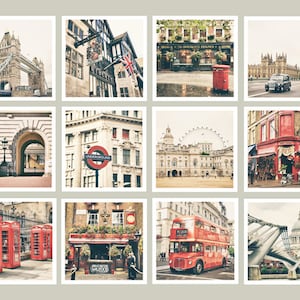 London Print Set, London Wall Art, London Photography, Gallery Wall, Big Ben, Tower Bridge, Red Bus, Phone, London Decor, 5x5, Square Prints