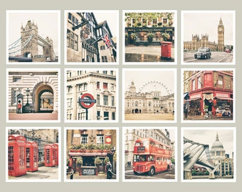 London Print Set, London Wall Art, London Photography, Gallery Wall, Big Ben, Tower Bridge, Red Bus, Phone, London Decor, 5x5, Square Prints