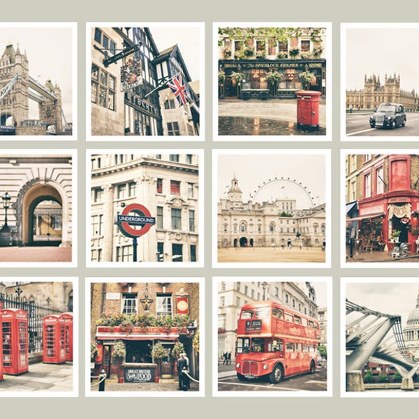 London Print Set, London Wall Art, London Photography, Gallery Wall, Big Ben, Tower Bridge, Red Bus, Phone, London Decor, 5x5, Square Prints