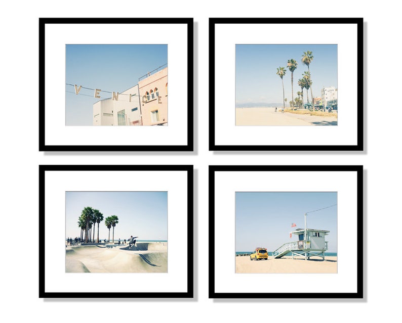 Venice Beach, Beach Decor, Venice Beach Sign, California Prints, Los Angeles Wall Art, Set of 4 Prints, Palm Trees, Venice Skate Park Color