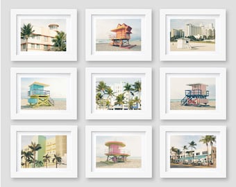 Beach Decor, Miami Beach Wall Art Prints, South Beach, Lifeguard Stands, Beach Gallery Wall, Set of 9, black and white Photography