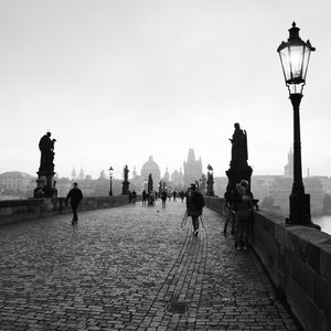 Prague Print, Charles Bridge, Black and White Photography,  Travel Decor, Czech Republic, Travel Wall Art, Horizontal