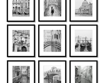 Venice Italy Wall Art Prints, Black and White Photography, Gallery Wall, Vertical Wall Art, Travel Decor, Set of 9 Prints, 8x10