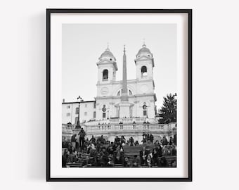 Spanish Steps Rome, Black and White Photography Print, Italy Wall Art, Travel Decor, Europe, Rome Stairs, Vertical Wall Art