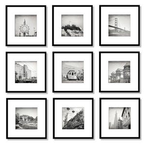 May include: A black and white photo collage of nine different images of San Francisco landmarks. The images include the Golden Gate Bridge, a cable car, a street scene, and a building with a sign that says "Castro".