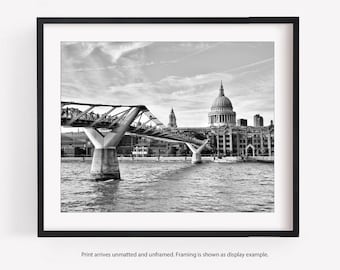 London St Pauls Cathedral Black and White Photography, Millennium Bridge, Wall Art Print, Travel Decor