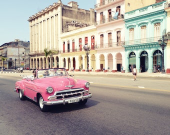 Cuba Print, Pink Car, Havana Cuba, Colorful Street, Travel Decor, Wall Art, Architecture, Cuban Street