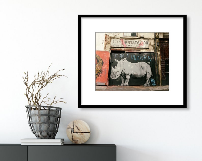 London Street Art Photography Print, Black and White Photo, Graffiti, Urban Wall Art, I am a Unicorn, Rhino Print image 5