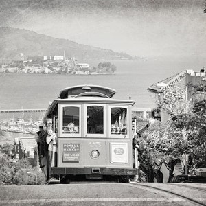 San Francisco Cable Car Print, California Photography, Black and White, Alcatraz, Transportation, Streetcar, Fine Art Print, Travel Decor