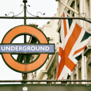 London Photography, Underground Sign, Union Jack Flag, British Decor Wall Art Print