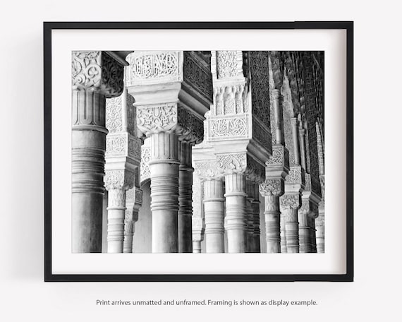 Alhambra Black and White Photography Print, Granada Spain, Travel Decor Wall Art, Alhambra Columns