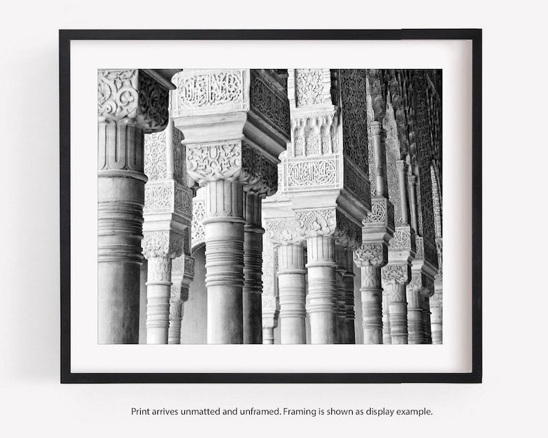 Alhambra Black and White Photography Print, Granada Spain, Travel Decor Wall Art, Alhambra Columns Black & White