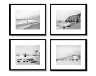 California Beach Prints, Black and White Photography, Malibu, Los Angeles Wall Art, Beach Decor, Set of 4 Prints