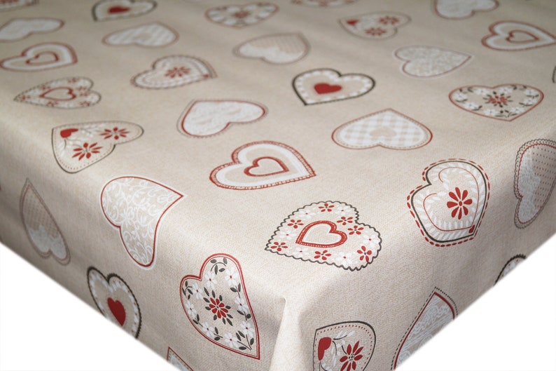 Love Hearts Red Beige PVC Vinyl Tablecloth Dining Kitchen Table Protector Cover