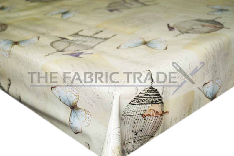 Butterfly /& Caged Birds Cream PVC Vinyl Tablecloth Dining Kitchen Table Protector Cover
