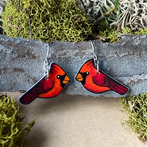 Northern Cardinal Songbird Earrings - Cardinalis cardinalis - Handcrafted Original Artwork