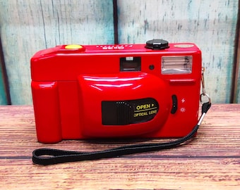 1990s Red QB35 35mm Point and Shoot Film Camera with Flash