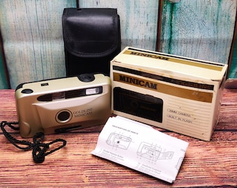 1990s Goldline Minicam 35mm Point and Shoot Film Camera with Flash + Case, Instruction Manual