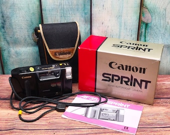 Boxed 1980s Canon Sprint 35mm f3.5 35mm Film Camera + Case, Manual