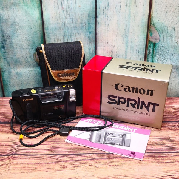 Boxed 1980s Canon Sprint 35mm f3.5 35mm Film Camera + Case, Manual