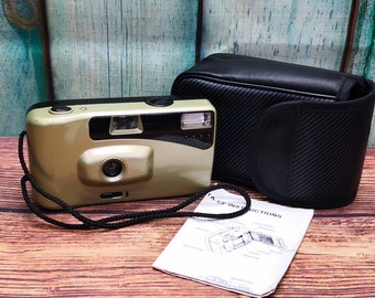 1990s Goldline Delta-CF 35mm Point and Shoot Film Camera with Flash + Case, Instruction Manual