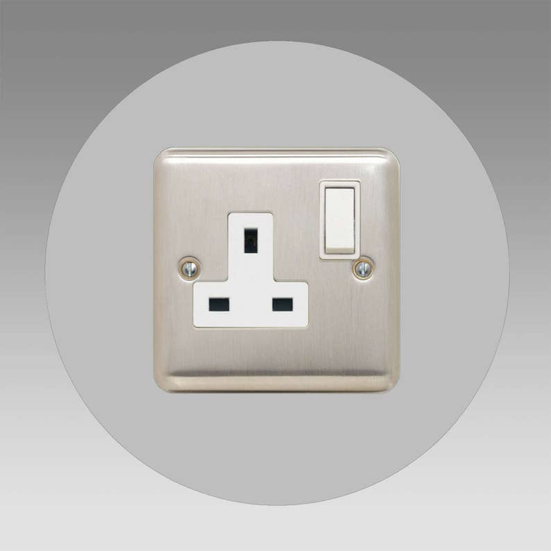 Socket surround round single made from 3mm thick acrylic in a choice of more than 16 colour options. 40mm border. Image shows grey