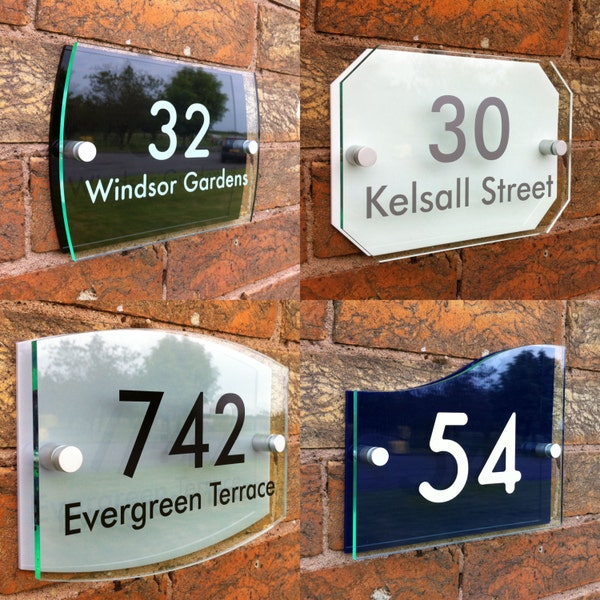 Personalised Modern House Sign Door Number Street Address Glass Effect Acrylic Plaque