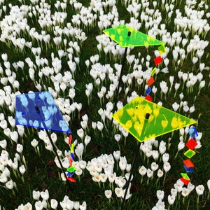 Puede incluir: Tres cometas coloridos hechos de plástico translúcido, con detalles azules, amarillos y verdes, se muestran sobre un fondo de flores blancas.