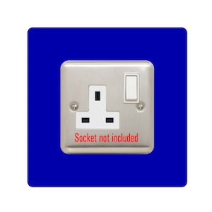 May include: A blue wall plate with a silver electrical outlet and a white light switch. The text "Socket not included" is printed in red on the outlet.