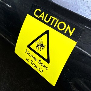 Square Bees in Transit Sign, made of magnetic material with outdoor use vinyl finish, this long lasting sign is ideal for repeated use on vans, cars and other forms of transport to warn of your precious cargo. Image shows sign clipped onto the side of a car. This can be used in the same way as an L Plate and can be clipped onto any magnetic surface and also safely removed and used repeatedly.