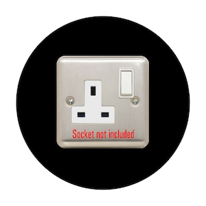 May include: A silver electrical outlet cover with a white switch and the text "Socket not included".
