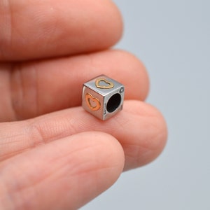 18K Gold Hearts and Stainless Steel Square Shaped Slide Bead Charm for Bracelet or Omega Chain