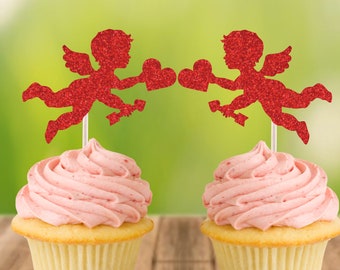 Glittery Cupid Cupcake Topper / Valentine's Day Cupcake Topper / Love Cupcake Topper | Set of 12