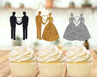 Bride & Groom Cupcake Toppers / 2 Grooms Cupcake Toppers / 2 Brides Cupcake Toppers / Mr and Mr / Mrs and Mrs | Set of 12