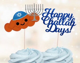 Glittery Challah Days Hanukkah Cupcake Toppers / Happy Challah Days Cupcake Topper / Holiday Party Picks | Set of 12