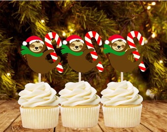 Christmas Sloth Cupcake Topper /Sloth and Candy Cane Cupcake Topper / Sloth Christmas / Hot Chocolate Bar Decorations | Set of 12