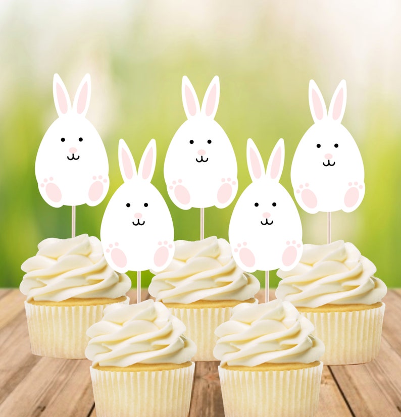 Rabbit Cupcake Topper / Easter Cupcake Topper/ Easter Spring Bunny Cupcake Topper / Egg Bunny Cupcake Topper Party Picks Set of 12 image 1
