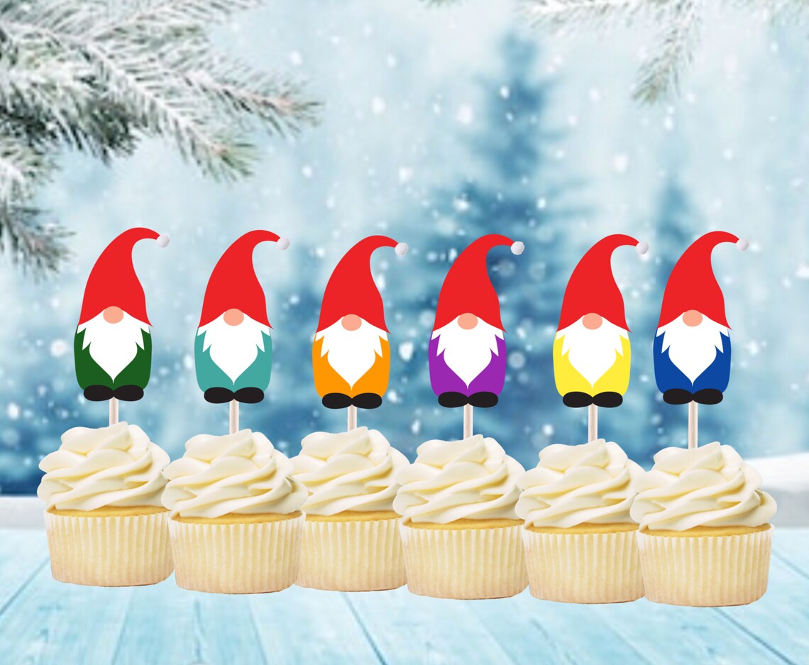 Gnome Cupcake Toppers / Holiday Gnomes / Rainbow Gnomes Set Etsy
